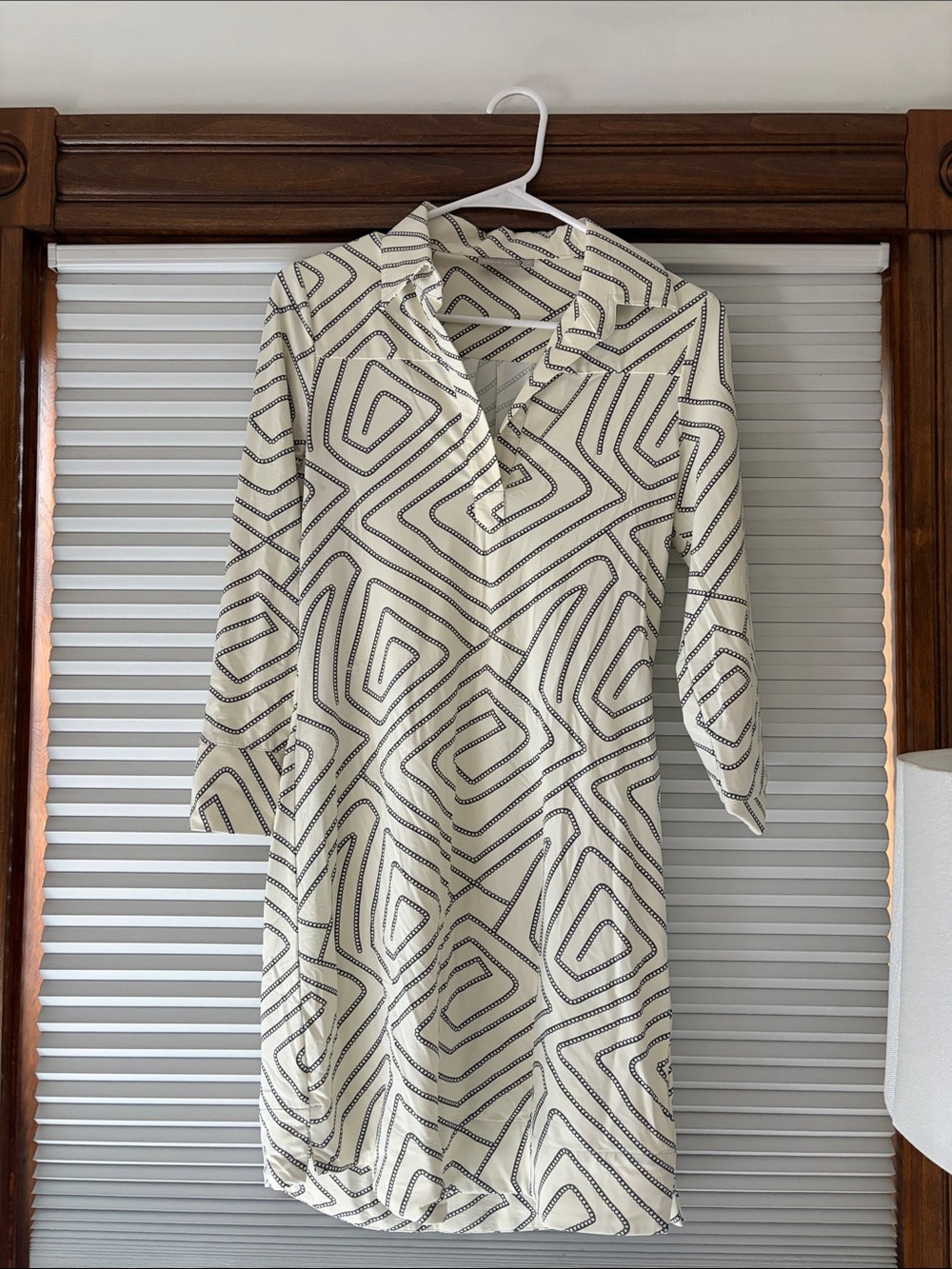 Cream Geometric Print Long-Sleeve Shift Dress